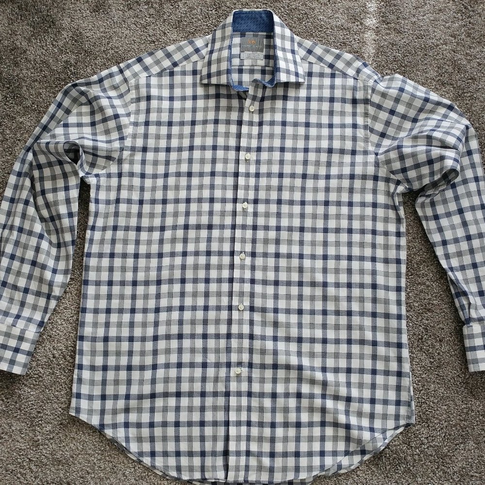 Thomas Dean Dress Shirt, White with Grey & Blue Checks. Large